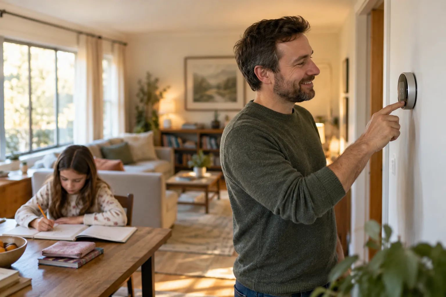 A homeowner checking a thermostat in a cozy living room in the Woodbury area